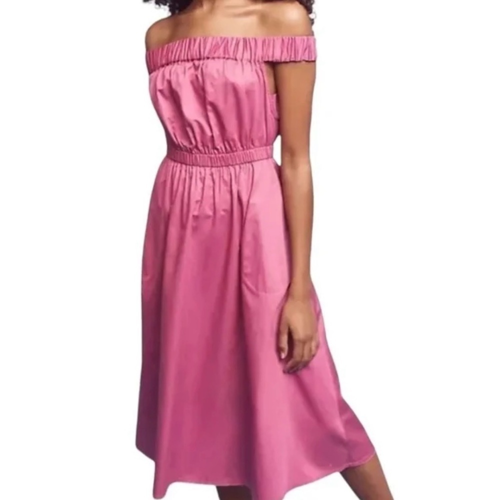Anthropologie Maeve Mona Off Shoulder Midi Dress, Shirred Bodice, Pink/Purple,SP